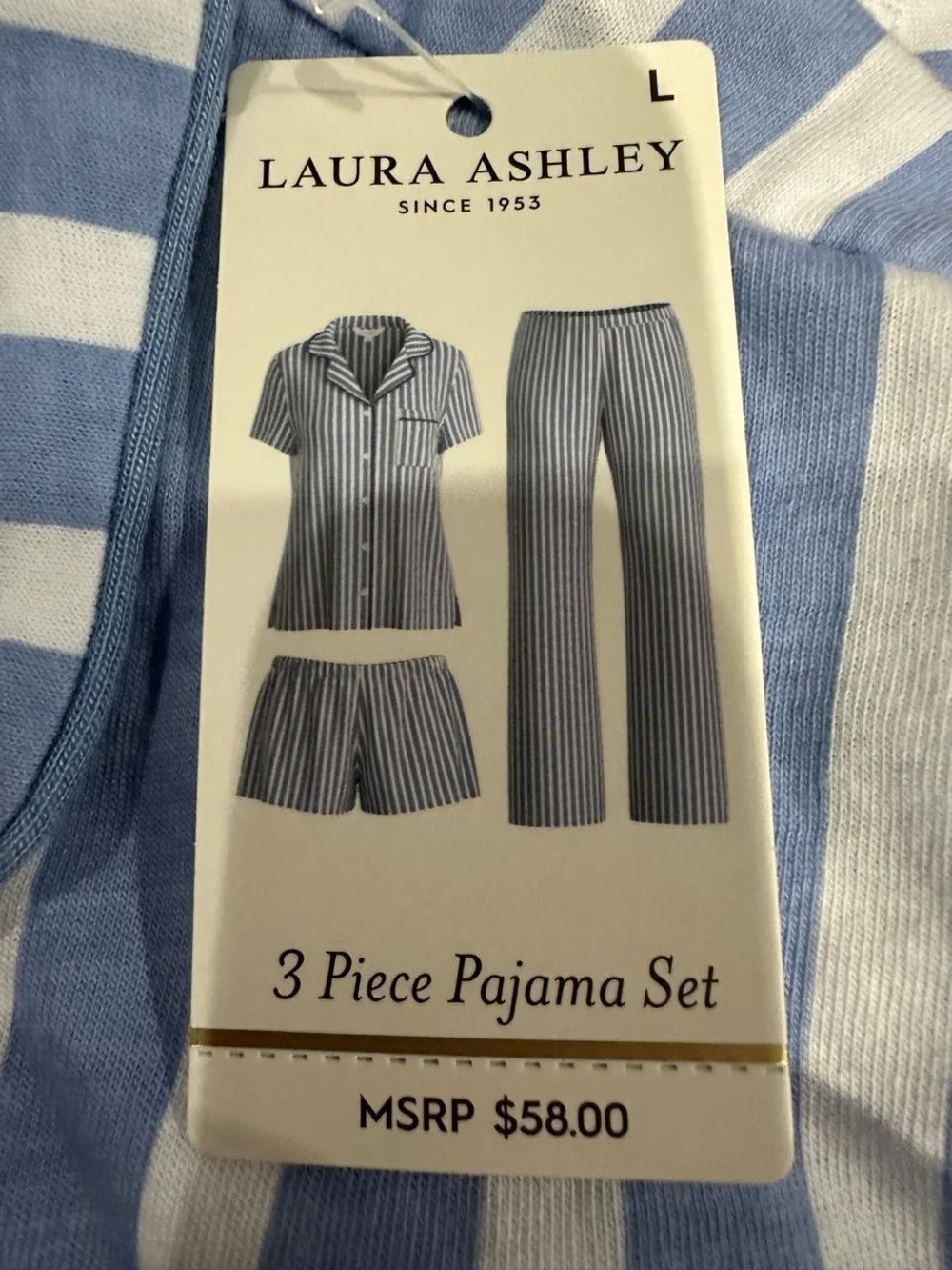 NWT Laura Ashley Blue & White Striped Three-Piece Pajama Set